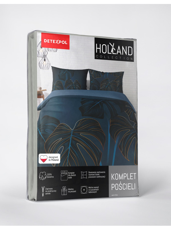 POŚCIEL BAWEŁNIANA 200x220 NIEBIESKA W LIŚCIE