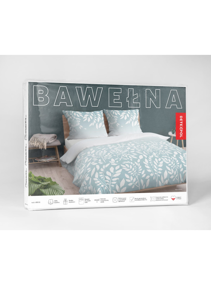 POŚCIEL BAWEŁNIANA 140x200 NIEBIESKA W BIAŁE LIŚCIE 4956_B