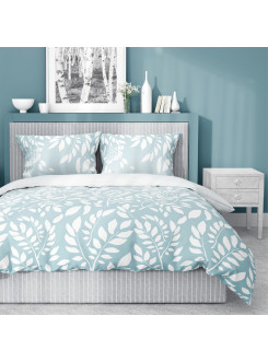 POŚCIEL BAWEŁNIANA 160x200 NIEBIESKA W BIAŁE LIŚCIE 4956_B