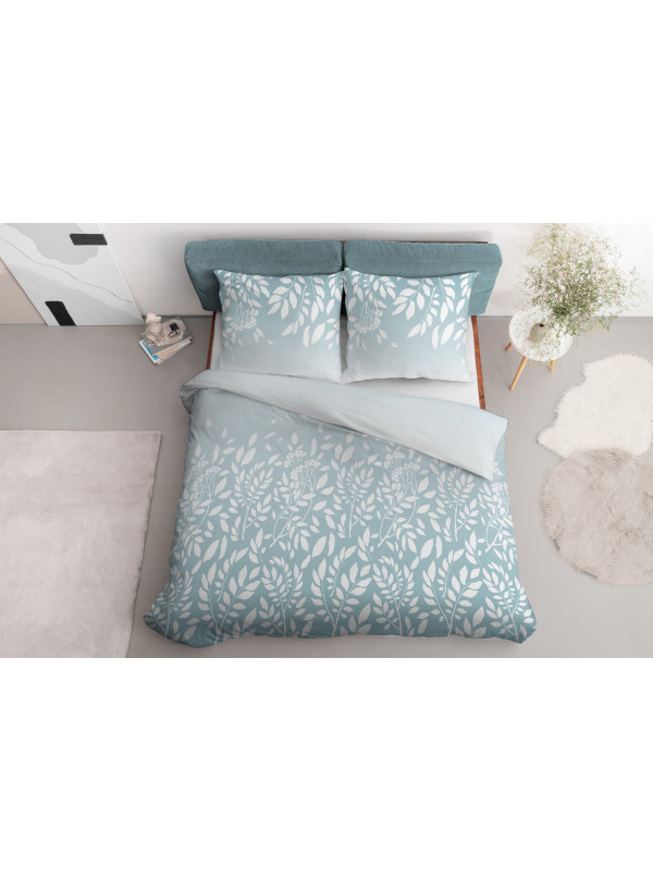 POŚCIEL BAWEŁNIANA 160x200 NIEBIESKA W BIAŁE LIŚCIE 4956_B