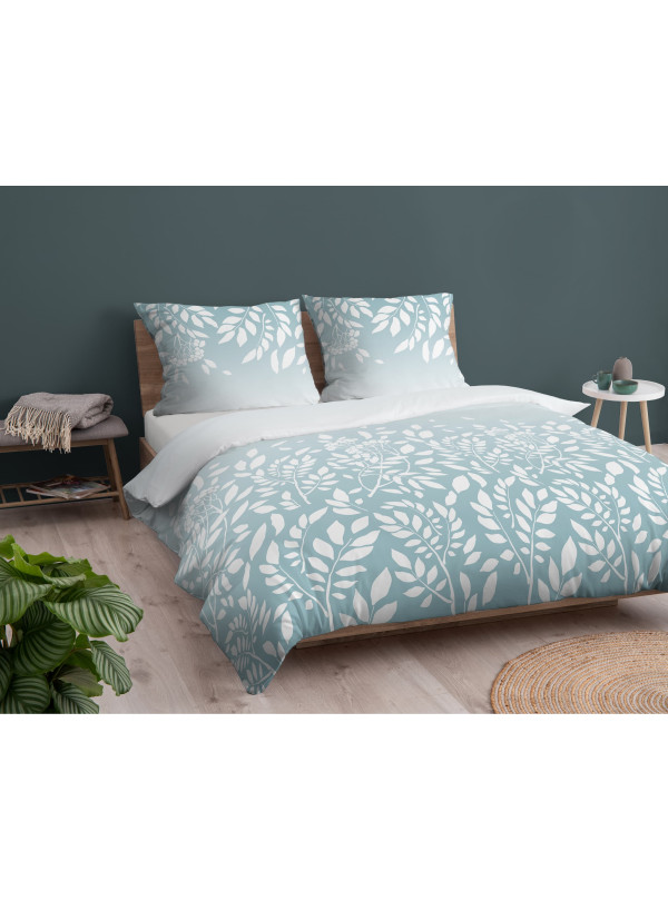 POŚCIEL BAWEŁNIANA 200x220 NIEBIESKA W BIAŁE LIŚCIE 4956_B