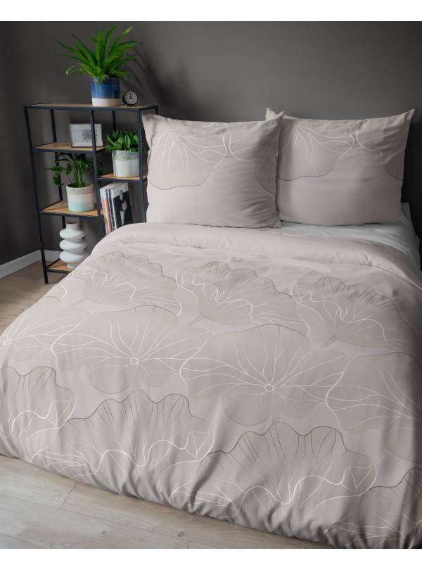 POŚCIEL BAWEŁNIANA 160x200 BEŻOWA W LIŚCIE KWIATY 4966_A