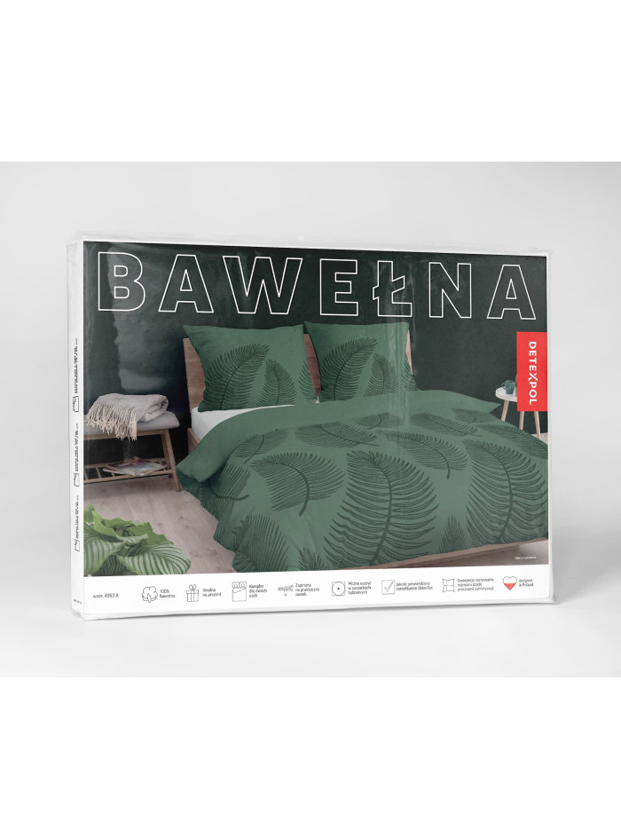 POŚCIEL BAWEŁNIANA 140x200 CIEMNOZIELONA W LIŚCIE 4963_A