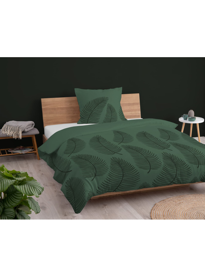 POŚCIEL BAWEŁNIANA 140x200 CIEMNOZIELONA W LIŚCIE 4963_A