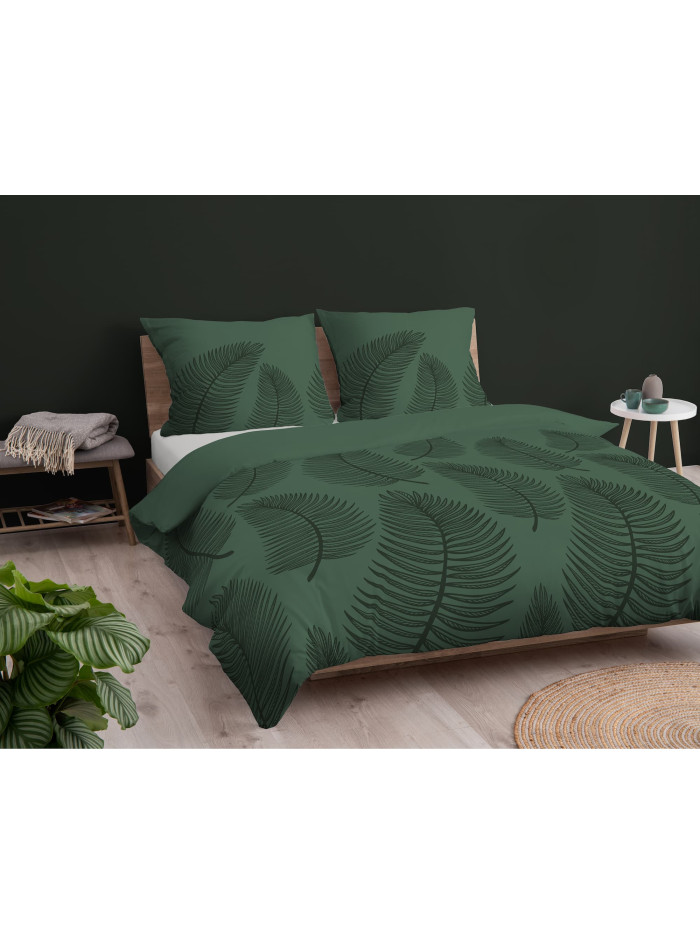 POŚCIEL BAWEŁNIANA 160x200 CIEMNOZIELONA W LIŚCIE 4963_A