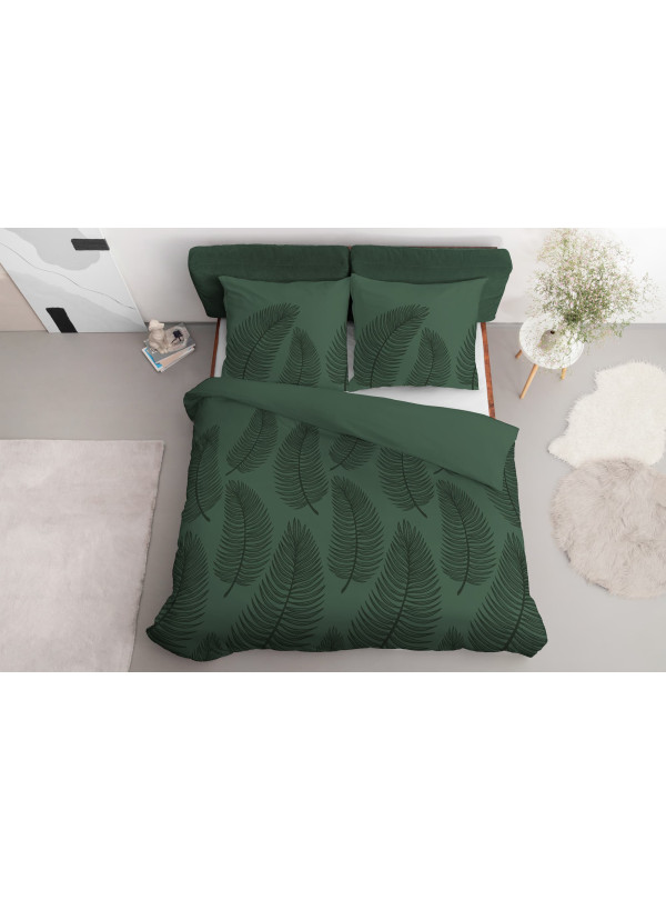 POŚCIEL BAWEŁNIANA 200x220 CIEMNOZIELONA W LIŚCIE 4963_A