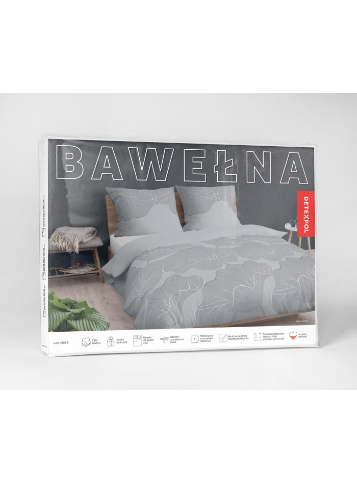POŚCIEL BAWEŁNIANA 140x200 SZARA W LIŚCIE KWIATY 4966_B