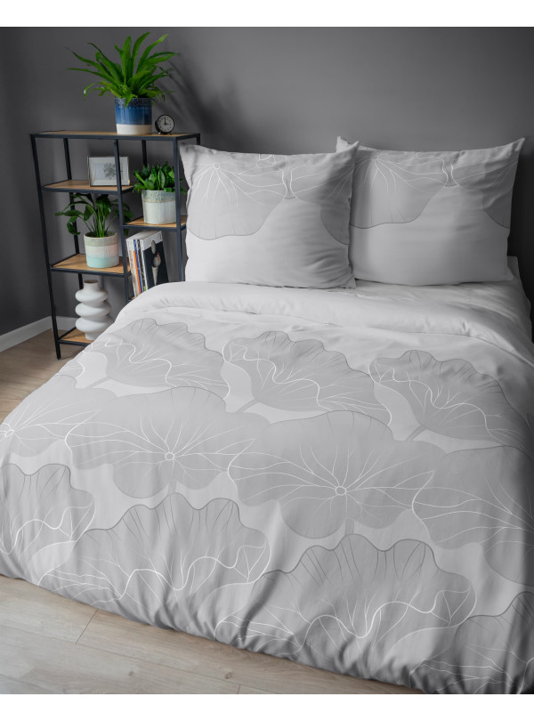 POŚCIEL BAWEŁNIANA 160x200 SZARA W LIŚCIE KWIATY 4966_B