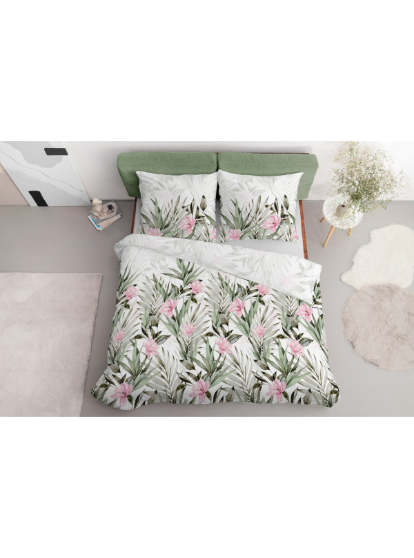 KOMPLET POŚCIELI 160x200 KWIATY LIŚCIE BIAŁE