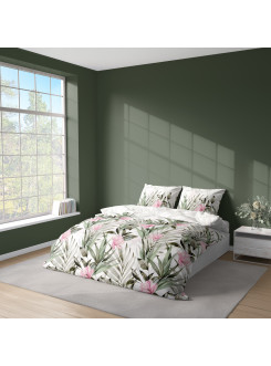 KOMPLET POŚCIELI 160x200 KWIATY LIŚCIE BIAŁE