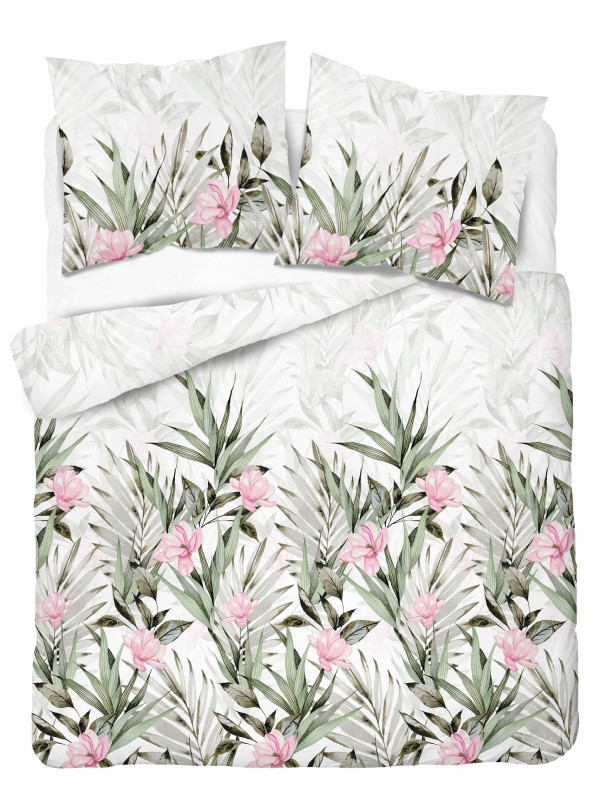 KOMPLET POŚCIELI 160x200 KWIATY LIŚCIE BIAŁE