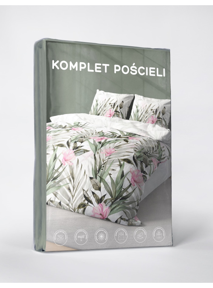 KOMPLET POŚCIELI 200x220 KWIATY LIŚCIE BIAŁE