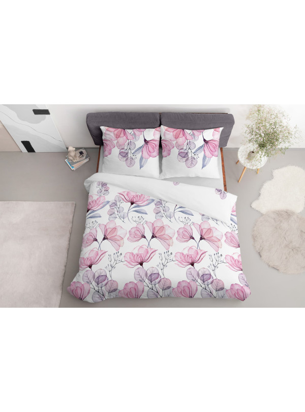 KOMPLET POŚCIELI 160x200 BIAŁA W RÓŻOWE KWIATY