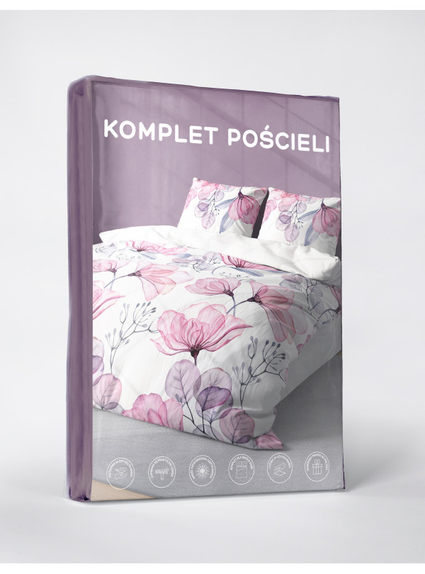 KOMPLET POŚCIELI 200x220 BIAŁA W RÓŻOWE KWIATY