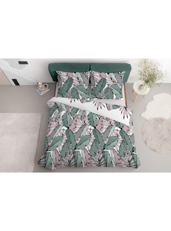 KOMPLET POŚCIELI 160x200 ZIELONE I RÓŻOWE LIŚCIE