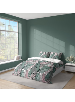 KOMPLET POŚCIELI 160x200 ZIELONE I RÓŻOWE LIŚCIE