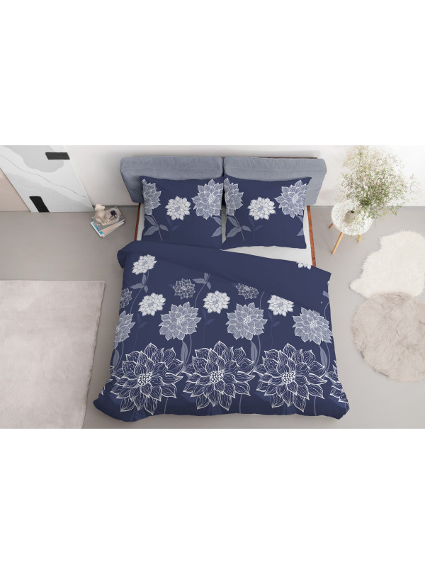 KOMPLET POŚCIELI 160x200 NIEBIESKA W BIAŁE KWIATY