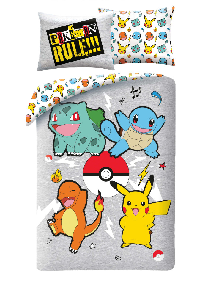POŚCIEL 140x200 POKEMON PIKACHU BULBASAUR CHARMANDER SZARA