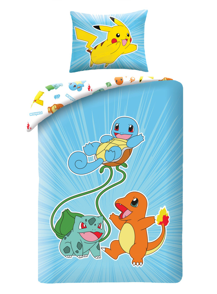 POŚCIEL 140x200 POKEMON PIKACHU BULBASAUR CHARMANDER NIEBIESKA