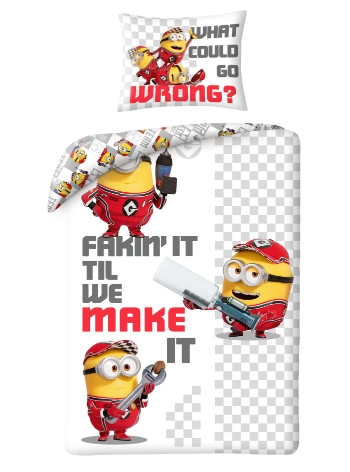 KOMPLET POŚCIELI 140x200 GRU I MINIONKI FAKIN IT TILL WE MAKE IT