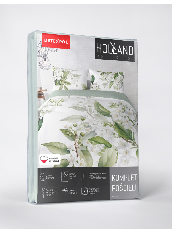 POŚCIEL 200x220 BIAŁA W ZIELONE LIŚCIE 5127_A