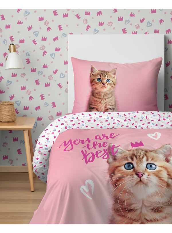 POŚCIEL MŁODZIEŻOWA 140x200 Z KOTKIEM RÓŻOWA 5149_A