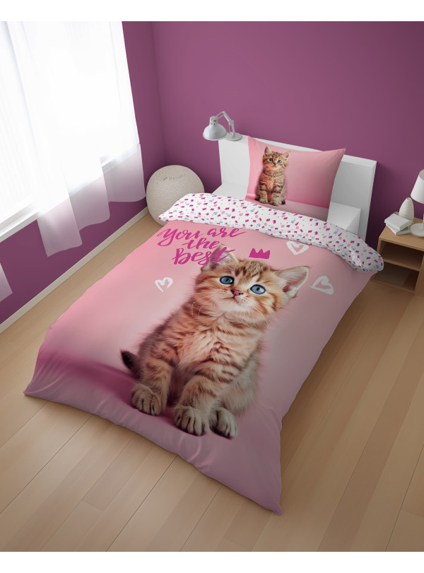 POŚCIEL MŁODZIEŻOWA 140x200 Z KOTKIEM RÓŻOWA 5149_A