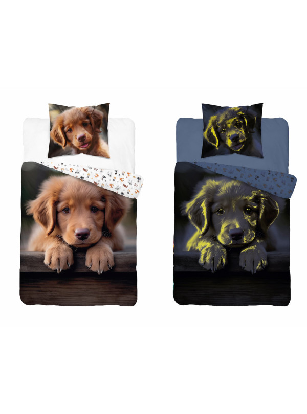 POŚCIEL 140x200 ŚWIECĄCA W CIEMNOŚCI Z SŁODKIM PIESKIEM PIES 4904_A