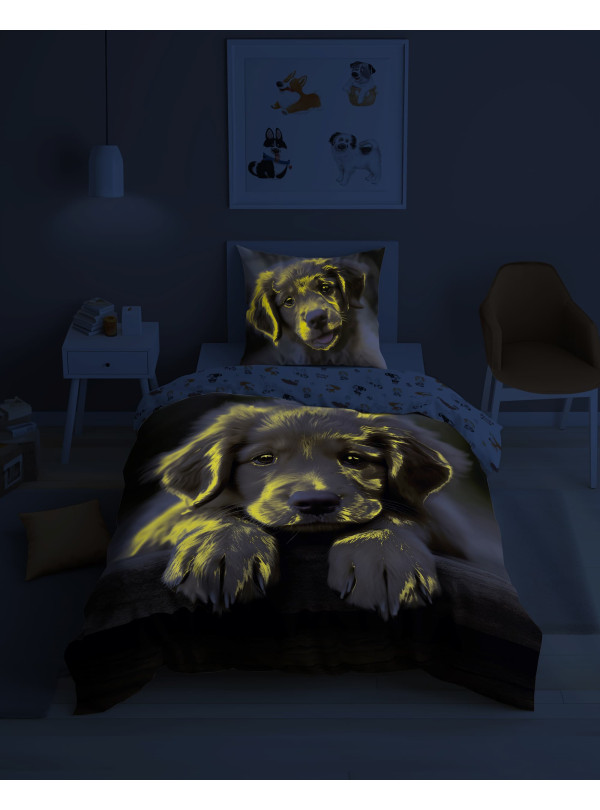 POŚCIEL 160x200 ŚWIECĄCA W CIEMNOŚCI Z SŁODKIM PIESKIEM PIES 4904_A