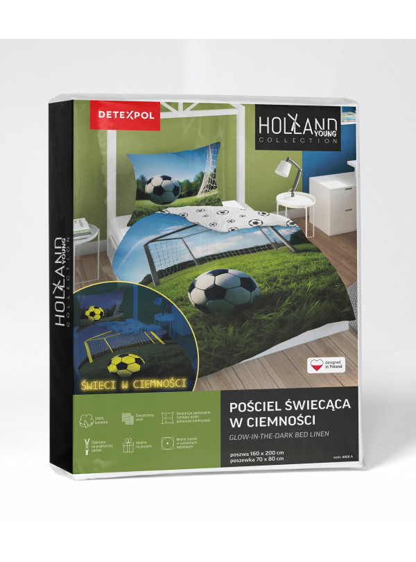 POŚCIEL 140x200 ŚWIECĄCA W CIEMNOŚCI PIŁKA NOŻNA BRAMKA 4906_A
