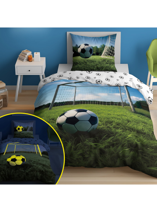 POŚCIEL 140x200 ŚWIECĄCA W CIEMNOŚCI PIŁKA NOŻNA BRAMKA 4906_A