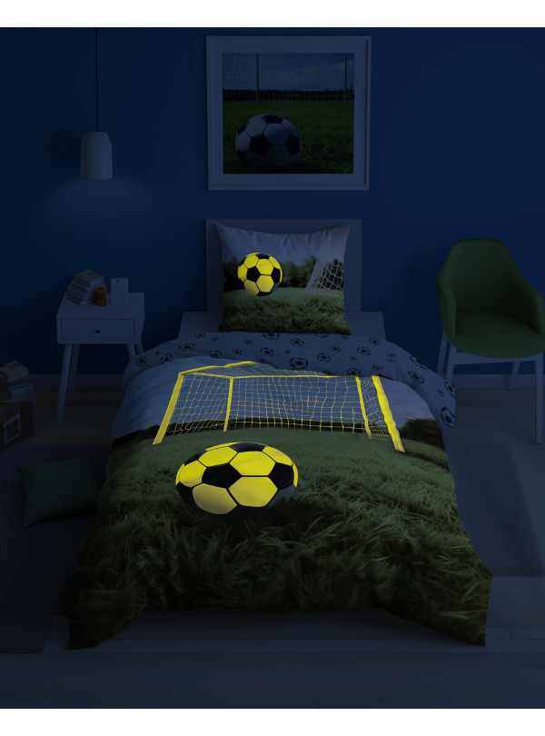 POŚCIEL 160x200 ŚWIECĄCA W CIEMNOŚCI PIŁKA NOŻNA BRAMKA 4906_A