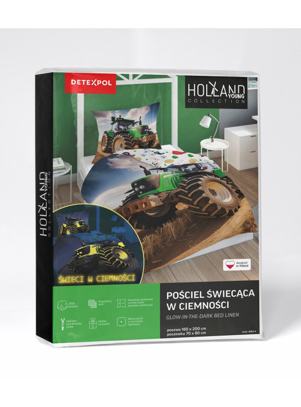 POŚCIEL 160x200 ŚWIECĄCA W CIEMNOŚCI ZIELONY TRAKTOR 4903_A