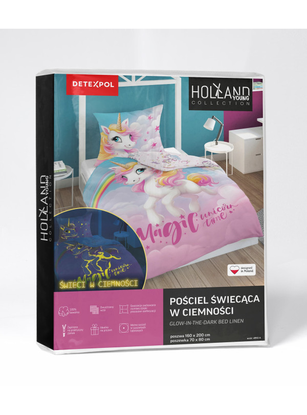 POŚCIEL 160x200 ŚWIECĄCA W CIEMNOŚCI JEDNOROŻEC RÓŻOWA 4910_A