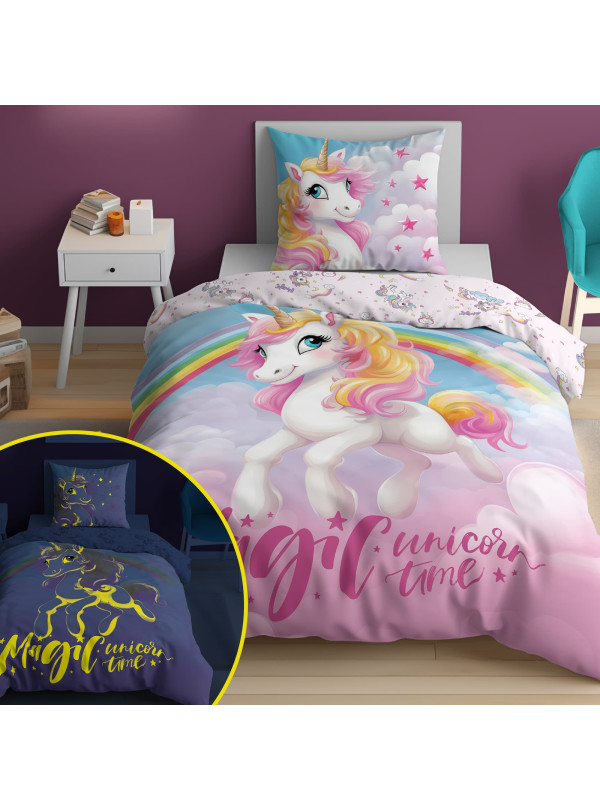 POŚCIEL 160x200 ŚWIECĄCA W CIEMNOŚCI JEDNOROŻEC RÓŻOWA 4910_A