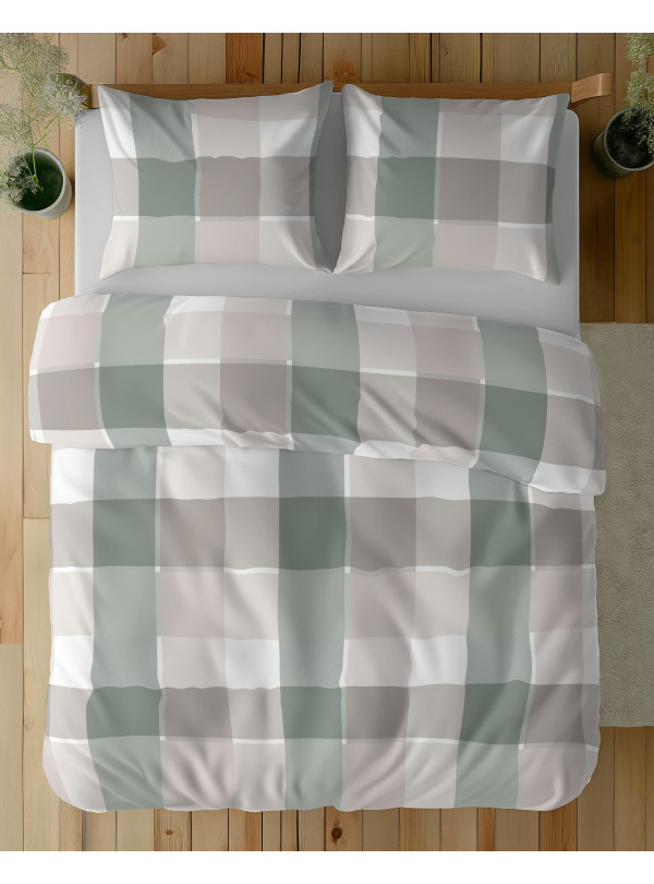 POŚCIEL BAWEŁNIANA 160x200 SZARO MIĘTOWA W KRATĘ 5109_A