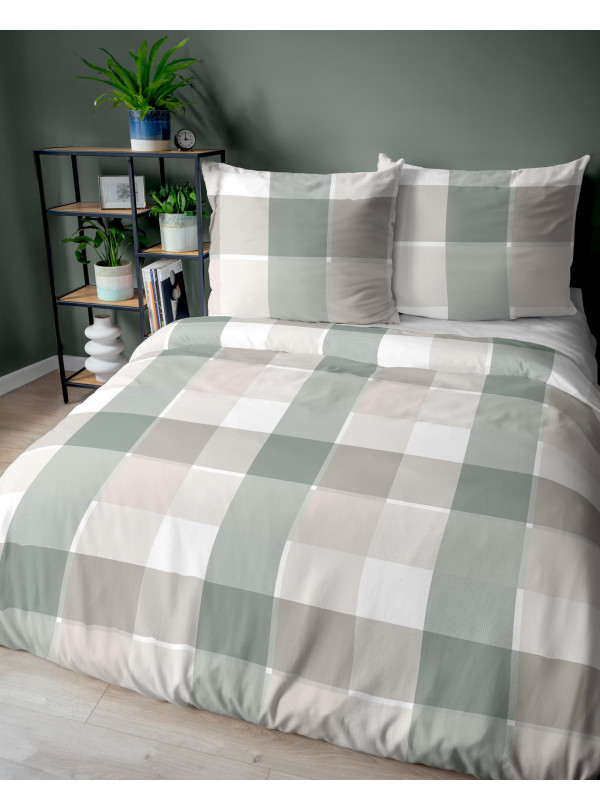 POŚCIEL BAWEŁNIANA 200x220 SZARO MIĘTOWA W KRATĘ 5109_A