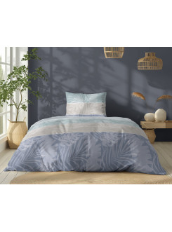 POŚCIEL BAWEŁNIANA 140x200 NIEBIESKA W PASY LIŚCIE 5104_B