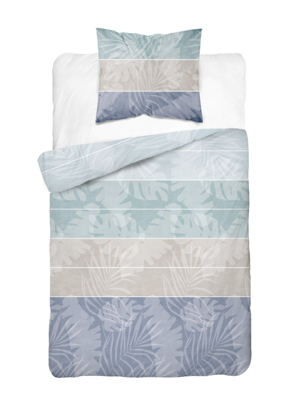 POŚCIEL BAWEŁNIANA 140x200 NIEBIESKA W PASY LIŚCIE 5104_B