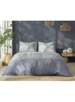 POŚCIEL BAWEŁNIANA 160x200 NIEBIESKA W PASY LIŚCIE 5104_B