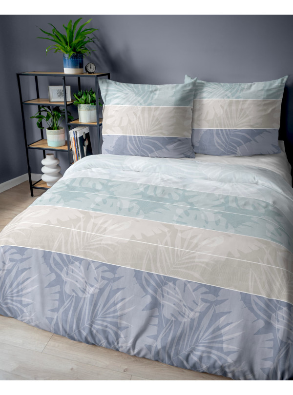 POŚCIEL BAWEŁNIANA 160x200 NIEBIESKA W PASY LIŚCIE 5104_B