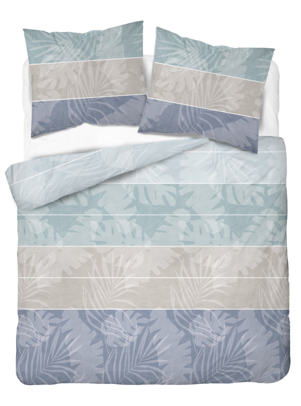 POŚCIEL BAWEŁNIANA 160x200 NIEBIESKA W PASY LIŚCIE 5104_B