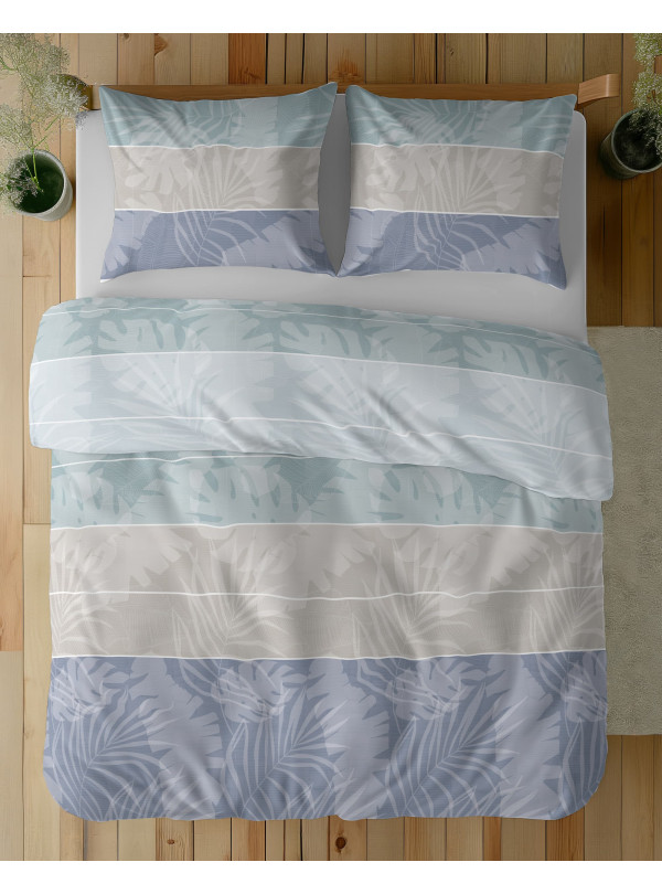 POŚCIEL BAWEŁNIANA 160x200 NIEBIESKA W PASY LIŚCIE 5104_B