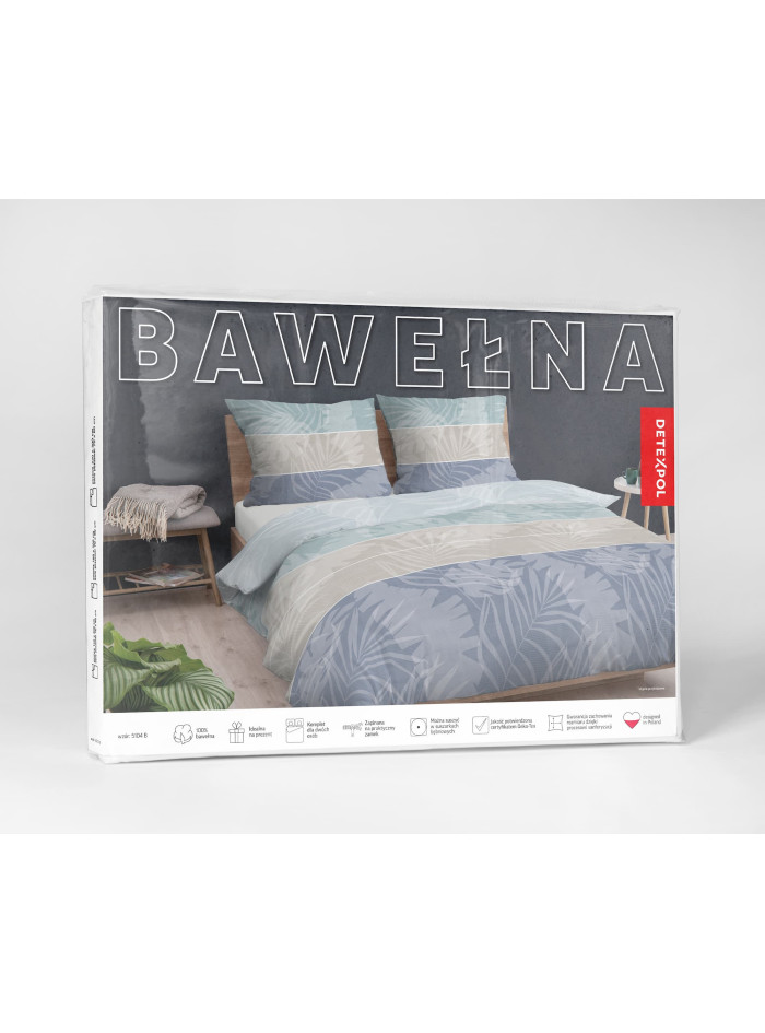 POŚCIEL BAWEŁNIANA 200x220 NIEBIESKA W PASY LIŚCIE 5104_B
