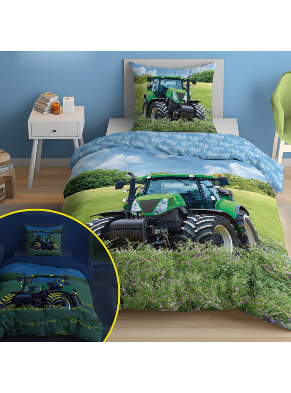 POŚCIEL 140x200 ŚWIECĄCA W CIEMNOŚCI ZIELONY TRAKTOR 3282_A