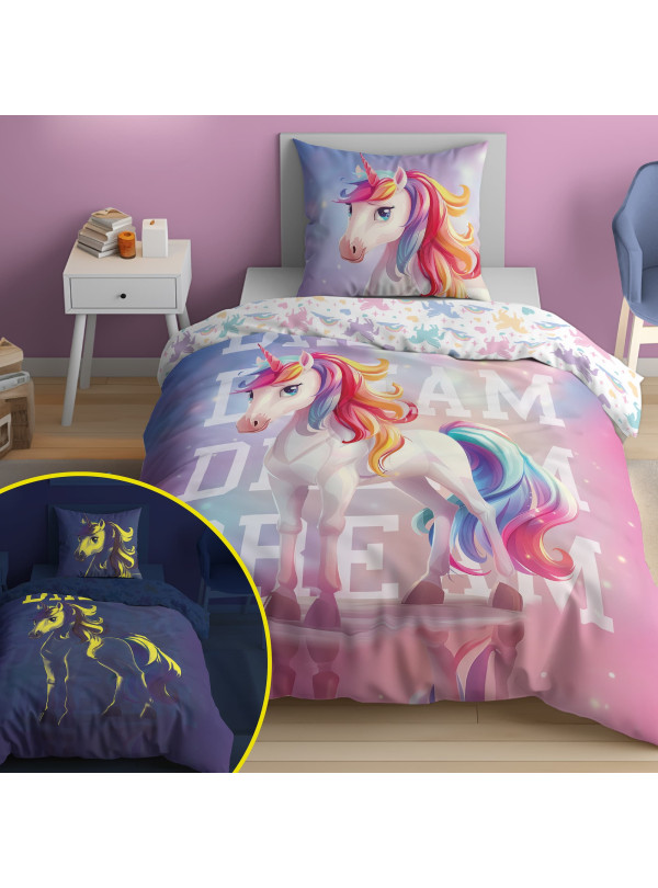 POŚCIEL 140x200 ŚWIECĄCA W CIEMNOŚCI JEDNOROŻEC DREAM 5208_A