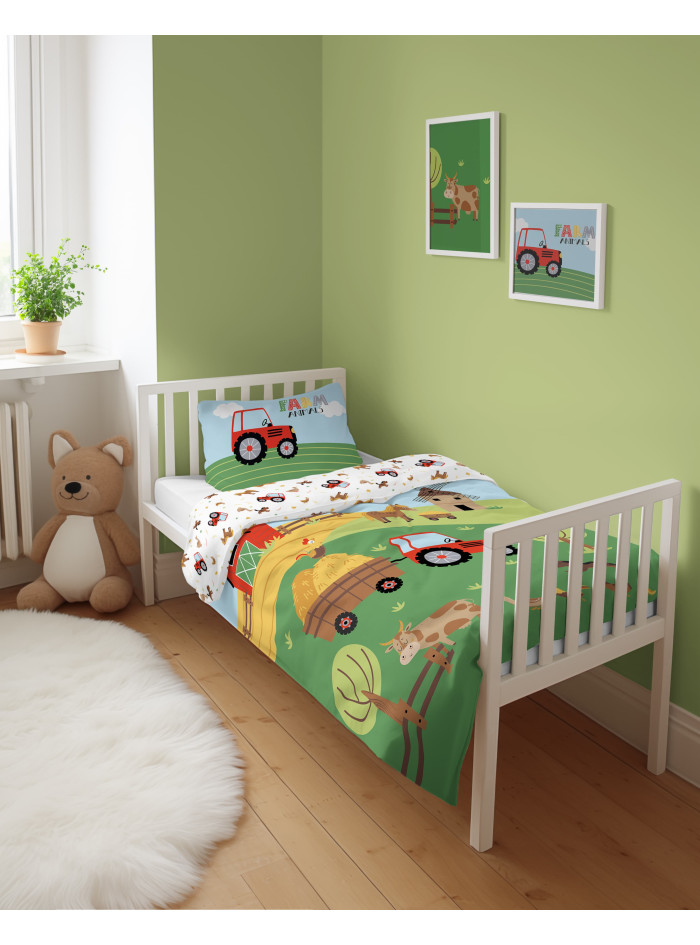 POŚCIEL DO ŁÓŻECZKA 90x120 CZERWONA MAŁA FARMA TRAKTOR 5003_A