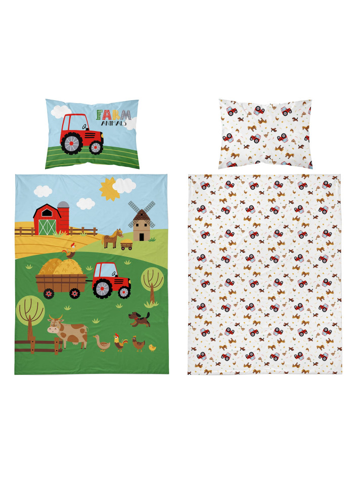POŚCIEL DO ŁÓŻECZKA 90x120 CZERWONA MAŁA FARMA TRAKTOR 5003_A