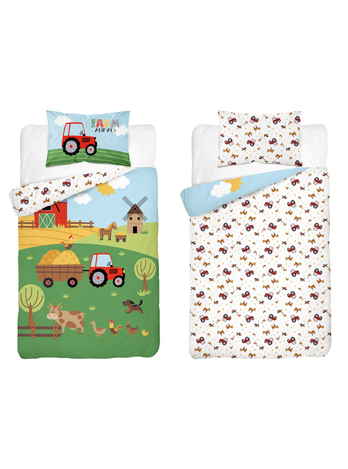 POŚCIEL DO ŁÓŻECZKA 90x120 CZERWONA MAŁA FARMA TRAKTOR 5003_A