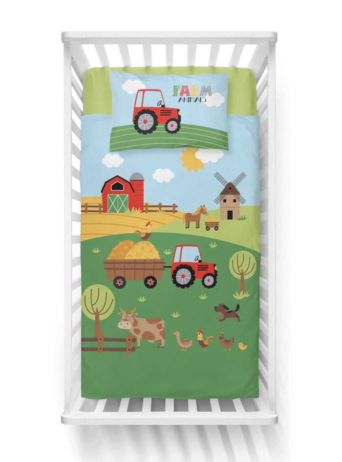 POŚCIEL DO ŁÓŻECZKA 90x120 CZERWONA MAŁA FARMA TRAKTOR 5003_A